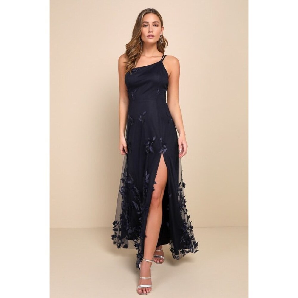 Lulus Navy Blue 3d Floral Applique One-shoulder Maxi Dress - Size XL
